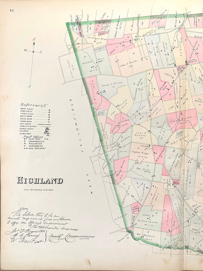 Highland Township Map, Original 1883 Chester County Pennsylvania Farm