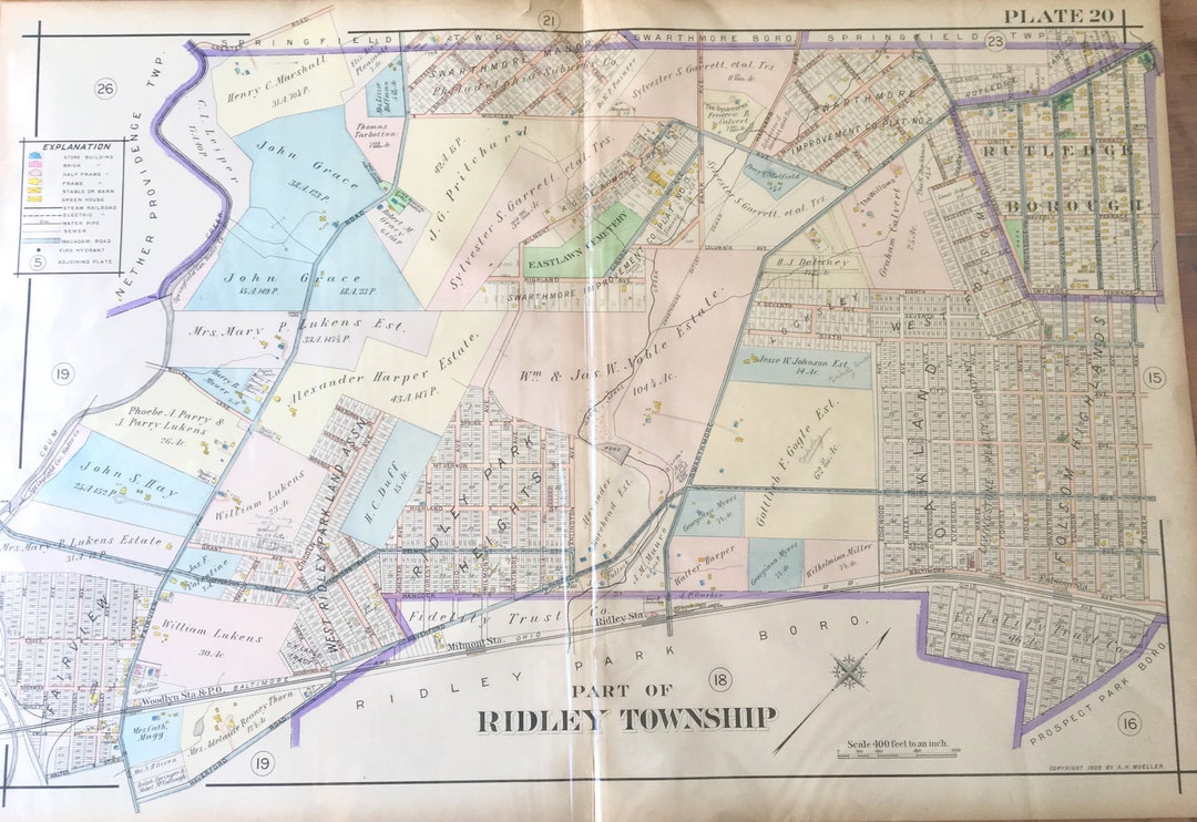 Ridley Township Map, Original 1909 Delaware County Atlas, Rutledge