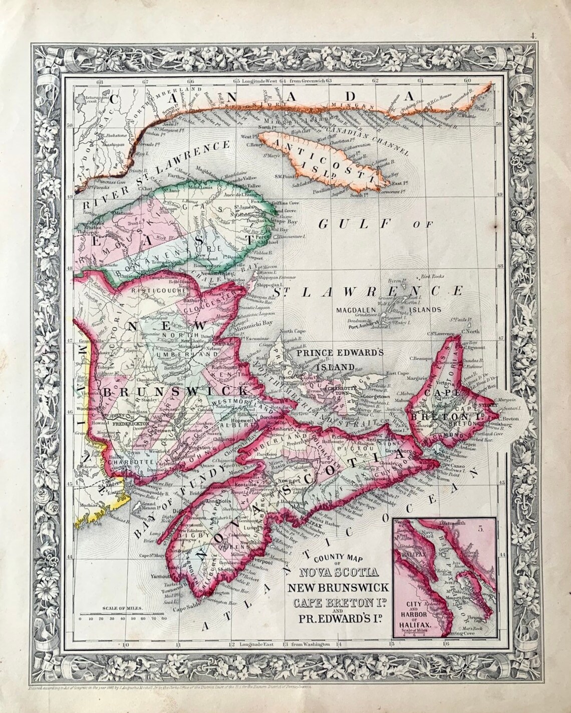 Nova Scotia Map Original 1862 Mitchells Atlas New Brunswick | Etsy