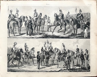 Prussian and French Calvary, Original 1851 German Iconographic Encyclopedia print, Military Sciences, War Horse