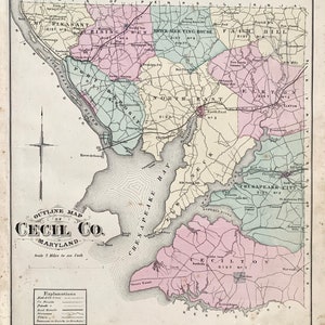 Cecil County Maryland Atlas Map, Original 1877 Hand Colored, Cecil County outline map