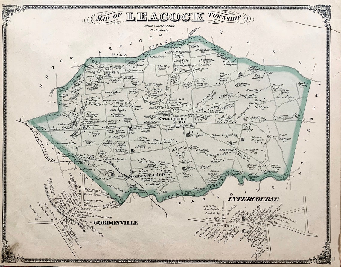 Leacock Township Map, Original 1875 Lancaster County Atlas, Intercourse