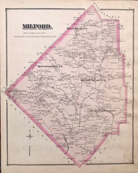 Milford Township Map Original 1875 Bucks County Pennsylvania Etsy