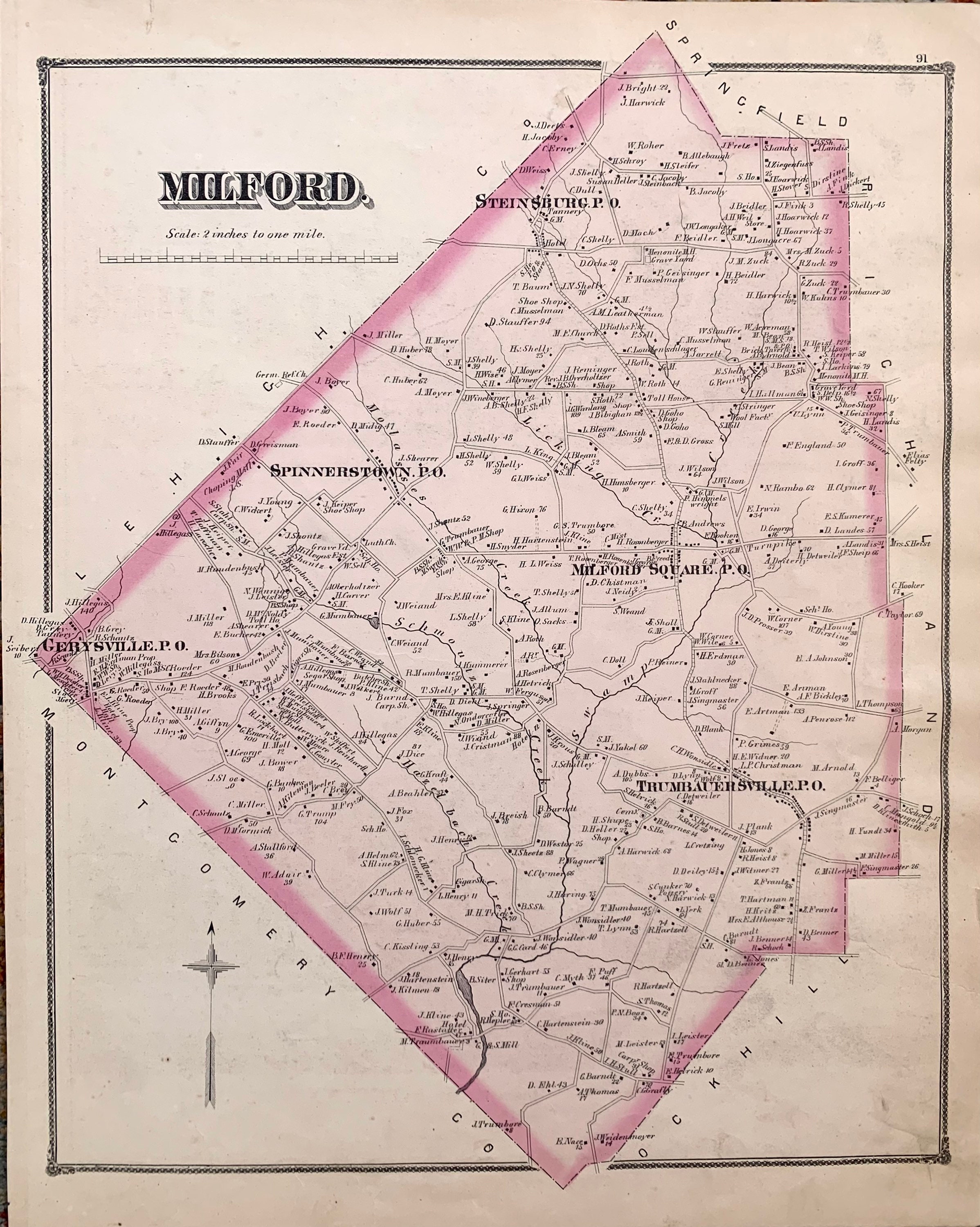 Milford Township Map Original 1875 Bucks County Pennsylvania Etsy