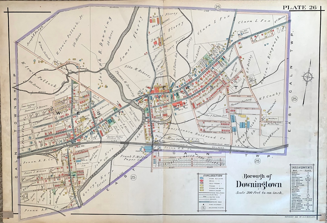 1912 Downingtown Borough Map Original Hand Colored - Etsy