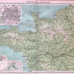 France Map, Original 1922 Times atlas, Paris Map, North France, West France