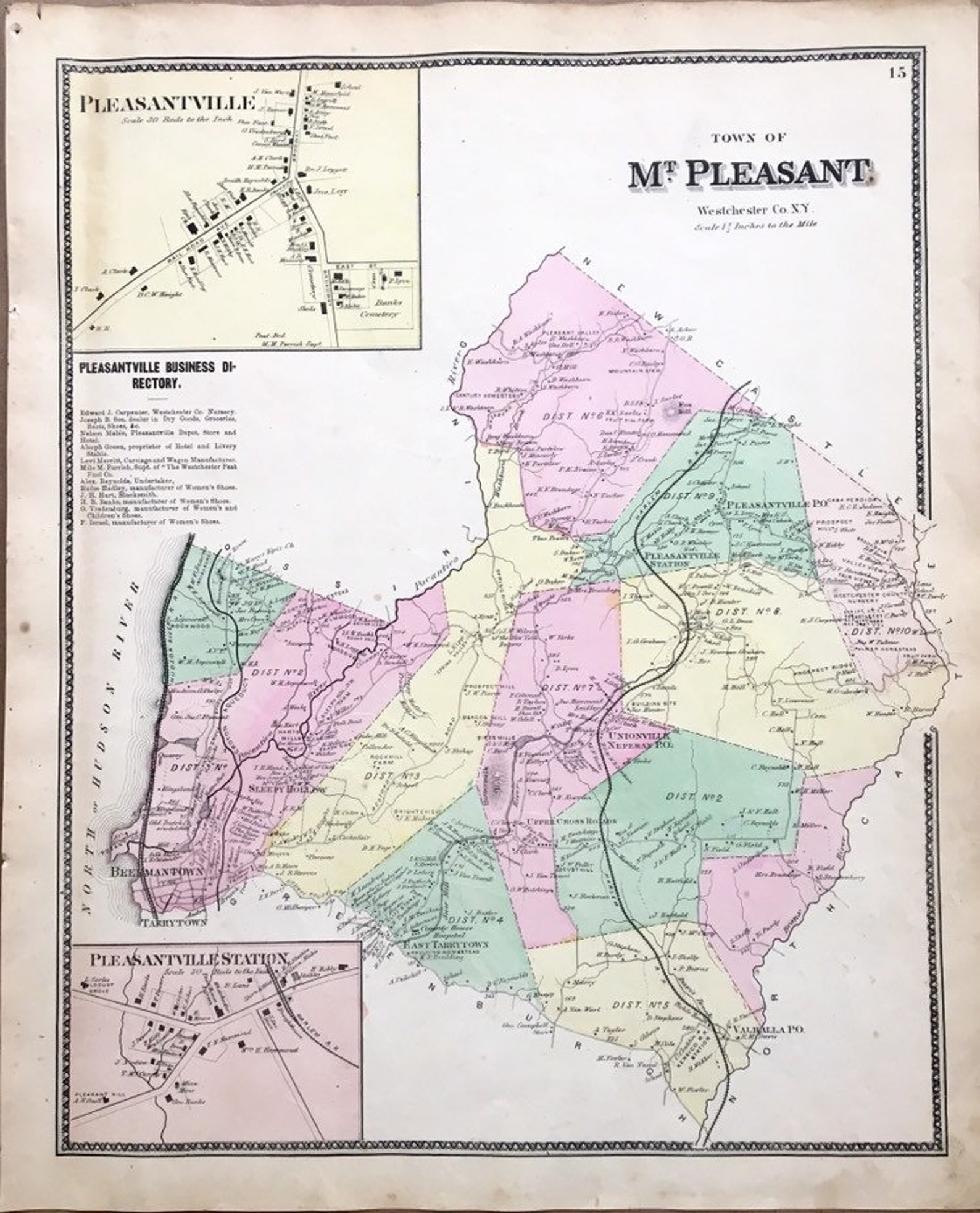 Mt Pleasant New York Antique Map Original 1867 Hand Colored Etsy