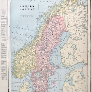 Antique Sweden and Norway map, Original 1895 Crams Atlas, Stockholm, Scandinavia, Oslo