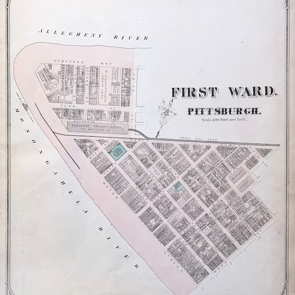 Downtown Pittsburgh map, Original 1872 Pittsburgh Atlas, point state park, Market Square