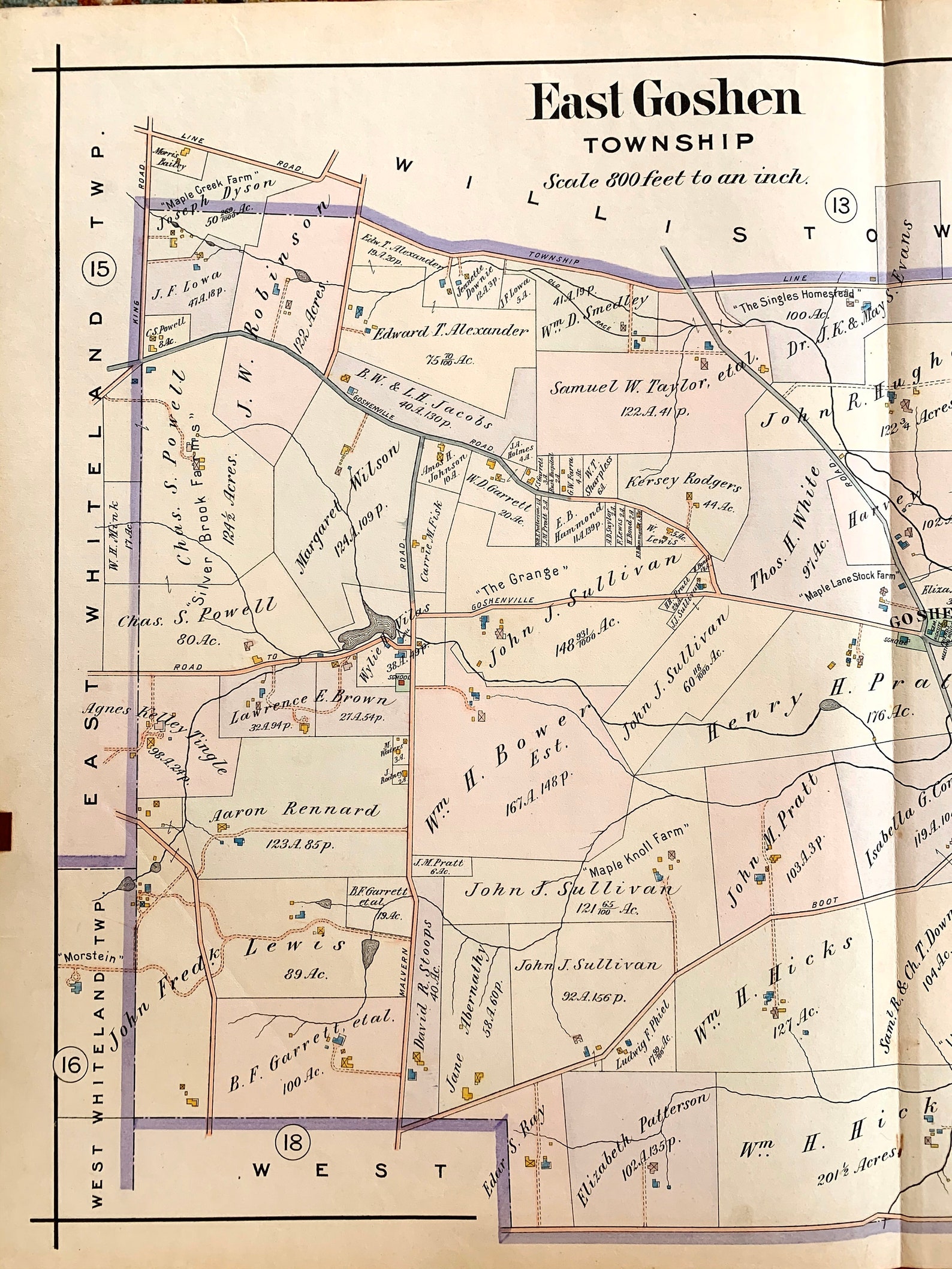 East Goshen Township Map, Original 1912 Pennsylvania Main Line Railroad Atlas, Chester County