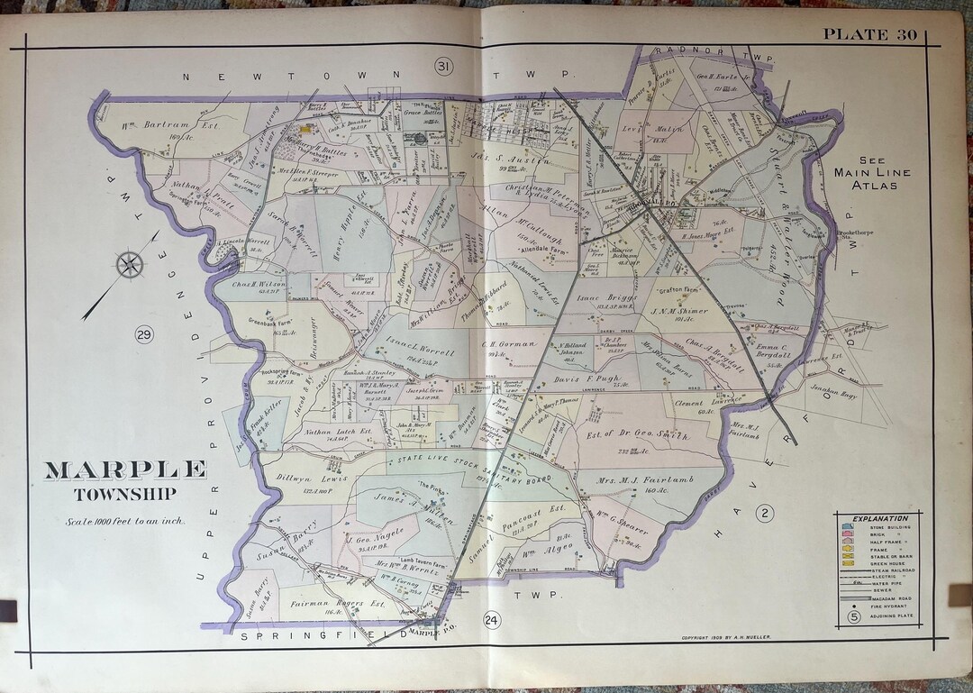 Marple Township Map, Original 1909 Delaware County Atlas, Broomall Map ...