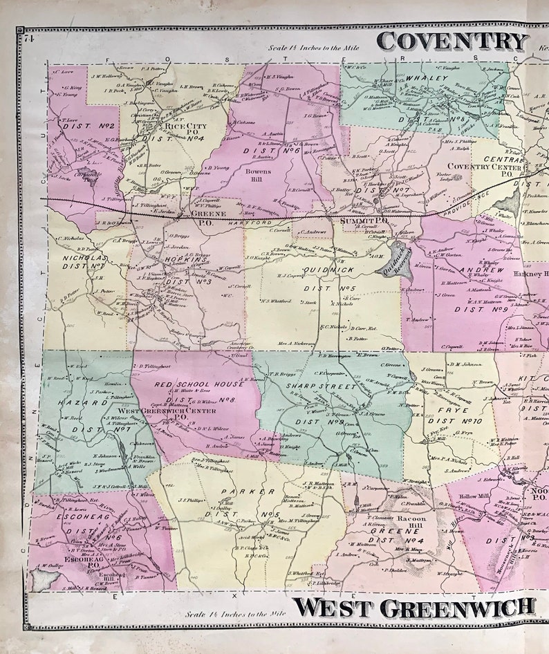 Coventry Map Original 1870 Rhode Island Atlas East Greenwich Etsy