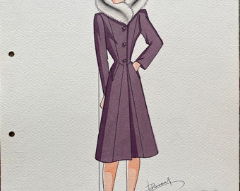 Italian Fashion Sketch, original 1940s Milan, signed by Artist, Fashion Art, antique artwork