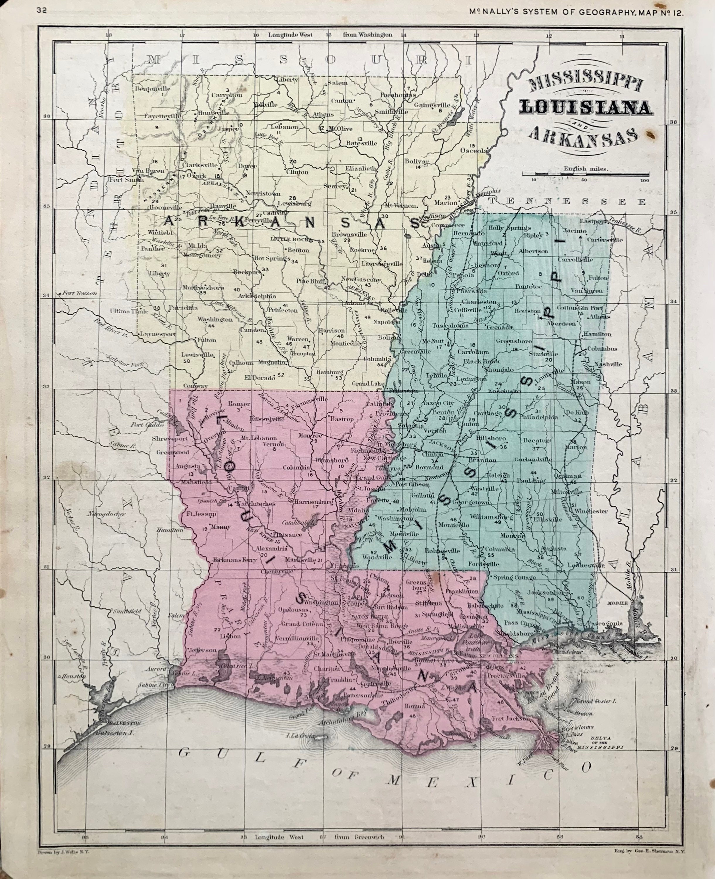 1881 County Map of the States of Arkansas, Mississippi and