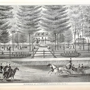 May include: An antique black and white illustration of a large estate with a mansion, trees, and a carriage with horses. People are walking on the grounds. The text at the bottom reads "RESIDENCE OF J.P. COOPER, RUMSON, MON. CO. N.J."