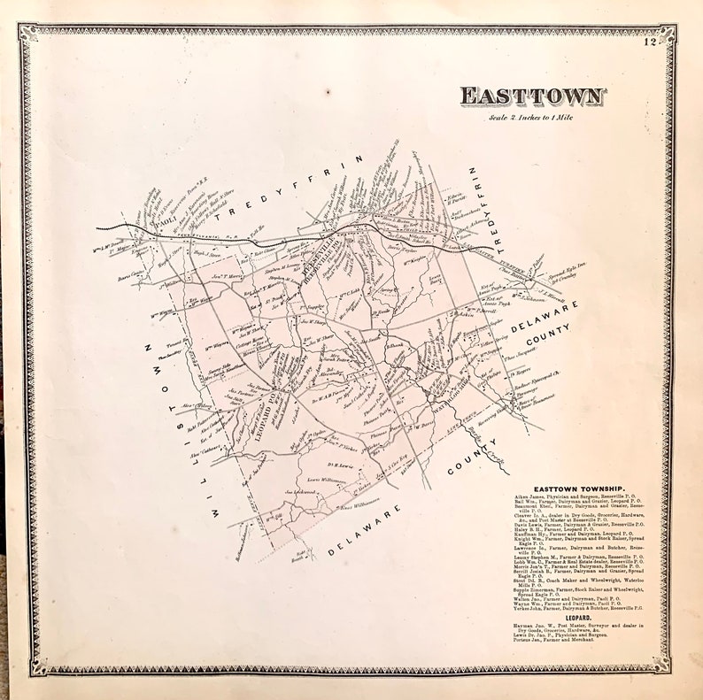 Easttown Township Map, Original 1873 Chester County Pennsylvania Farm
