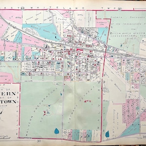 May include: A detailed vintage map of Malvern and Willistown Township, Pennsylvania, with roads, buildings, and property lines. The map uses a color-coded system, with pink, blue, and green areas. The scale is 300 feet to the inch.