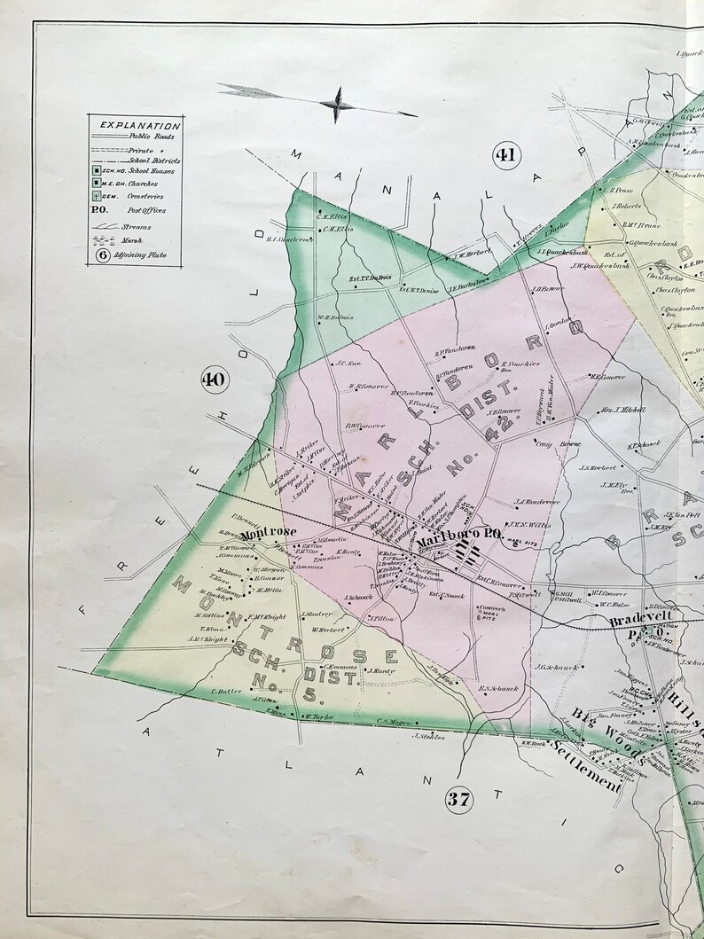Marlboro Township Map Original 1889 Monmouth County Atlas Etsy