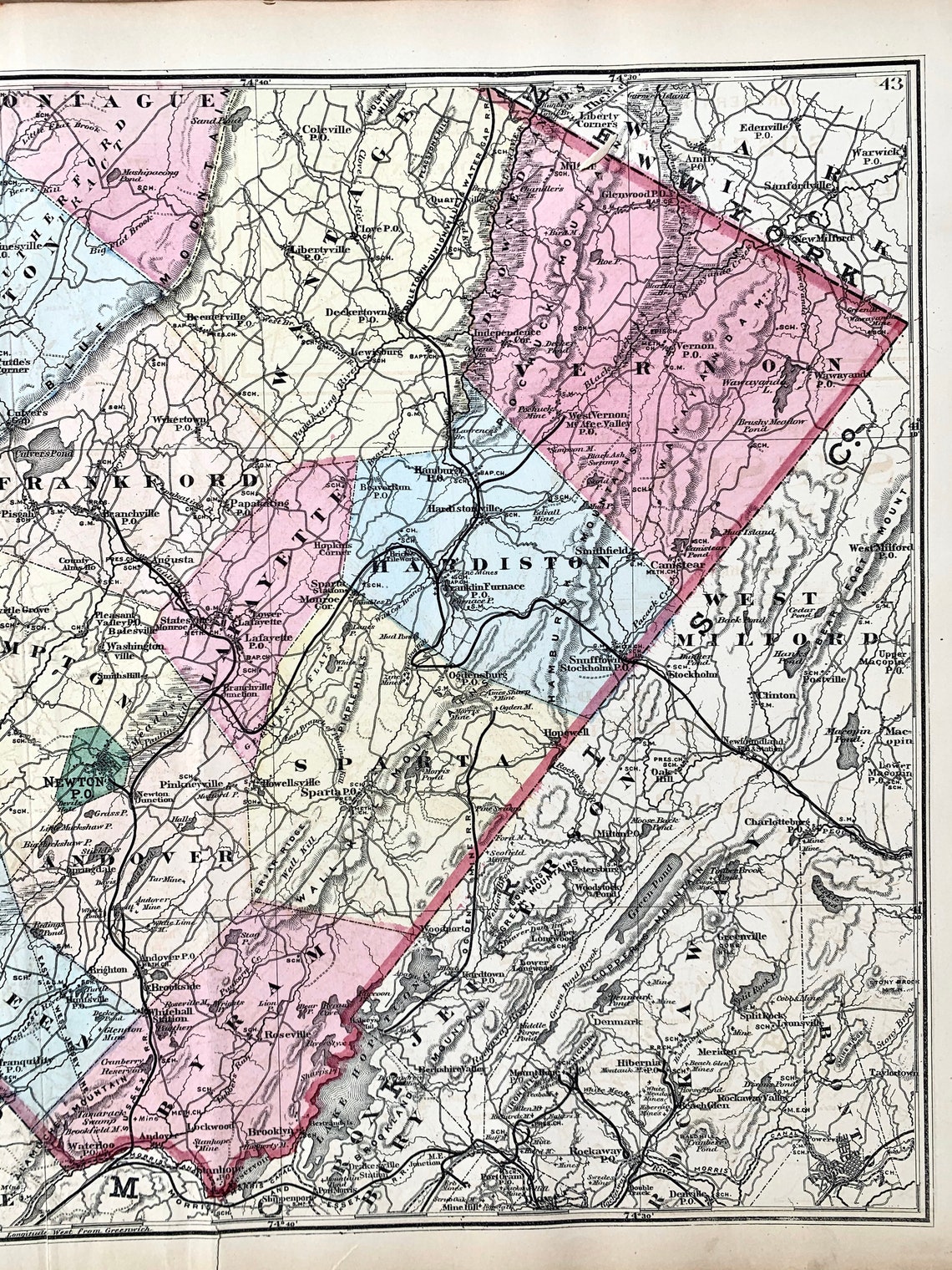 Sussex County Map Original 1877 New Jersey Atlas Newtown Etsy