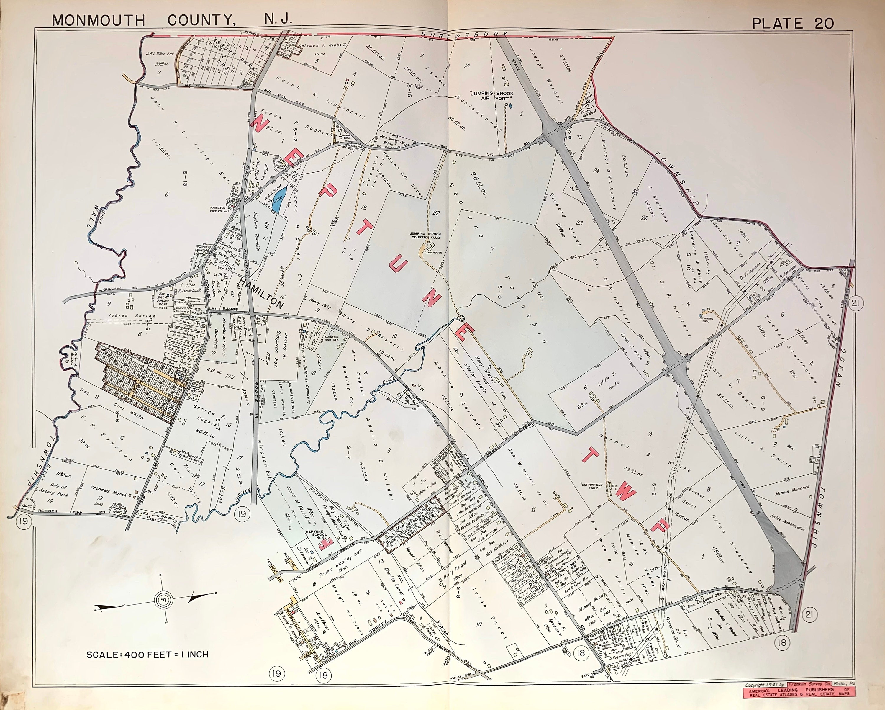 Neptune Township Map, Original 1941 Monmouth County Atlas, Hamilton