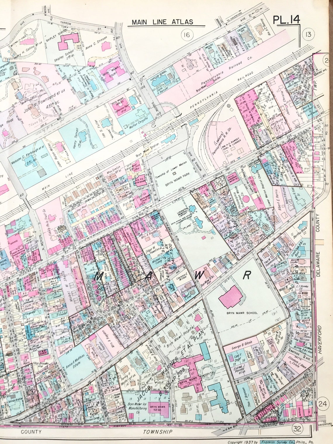 Bryn Mawr 1937 Main Line Property Atlas Map of Lower Merion Etsy