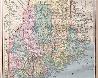 Antique Maine Map, Original 1895 crams atlas, Maine County map, Maine Counties, The pine tree state