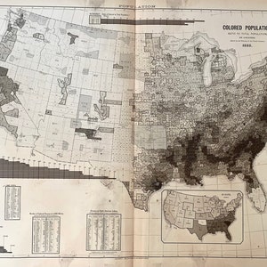 May include: A black and white map of the United States showing the ratio of colored population to total population in 1860. The map is divided into states and counties, with darker shades indicating a higher proportion of colored people. The map also includes a key showing the ratio of colored population to total population.
