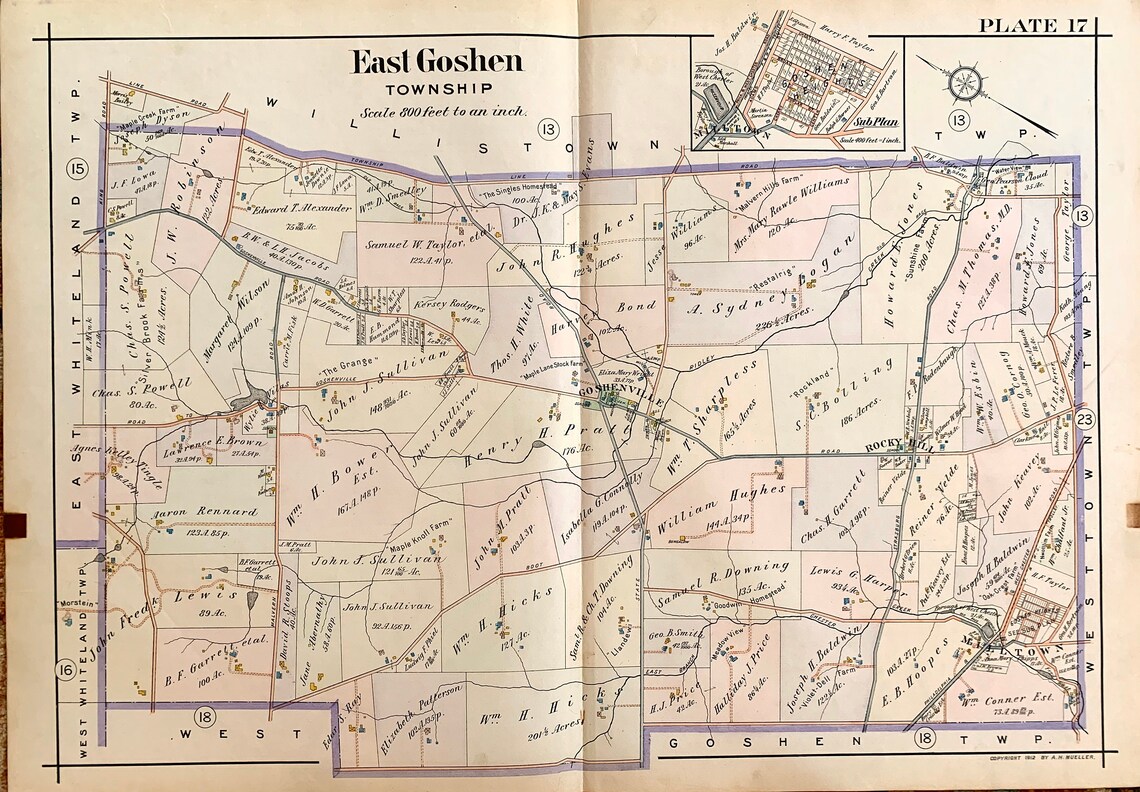 East Goshen Township Map, Original 1912 Pennsylvania Main Line Railroad Atlas, Chester County