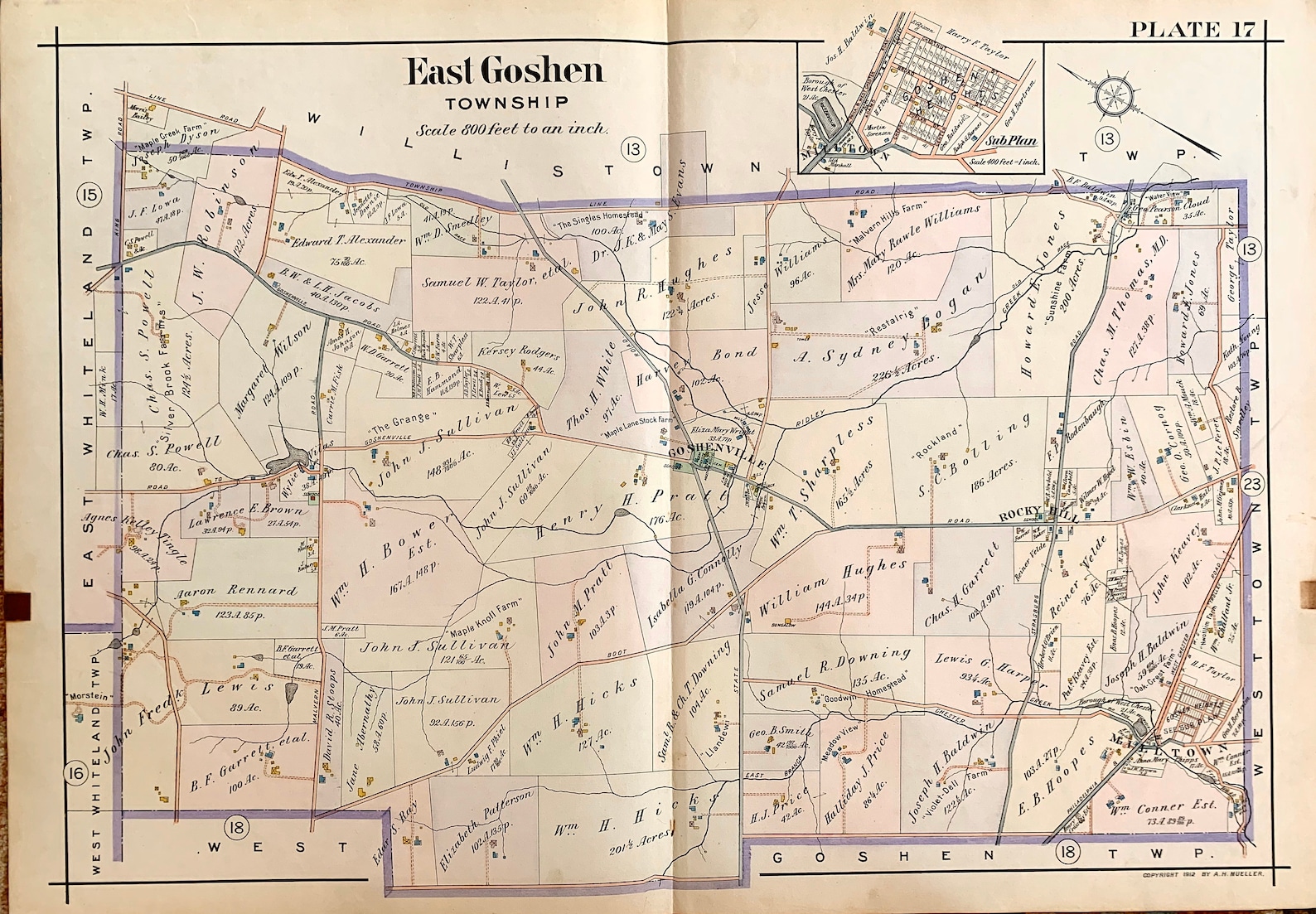 East Goshen Township Map, Original 1912 Pennsylvania Main Line Railroad