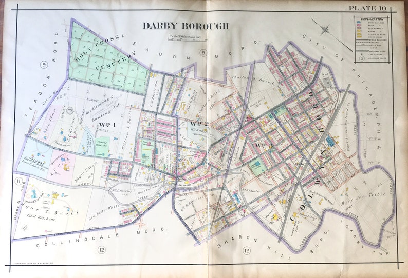1909 Darby Borough Map, Colwyn Borough Map, Original Hand Colored