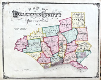 Delaware County Map, Original 1875 Hand colored, Delaware County Atlas