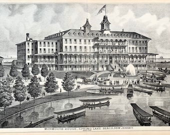 Antique Spring Lake Beach Print, Original 1878 New Jersey Shore Atlas, Monmouth House, Monmouth County