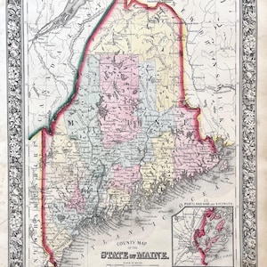 1862 Map of Maine, Original antique Mitchells map, Hand Colored map
