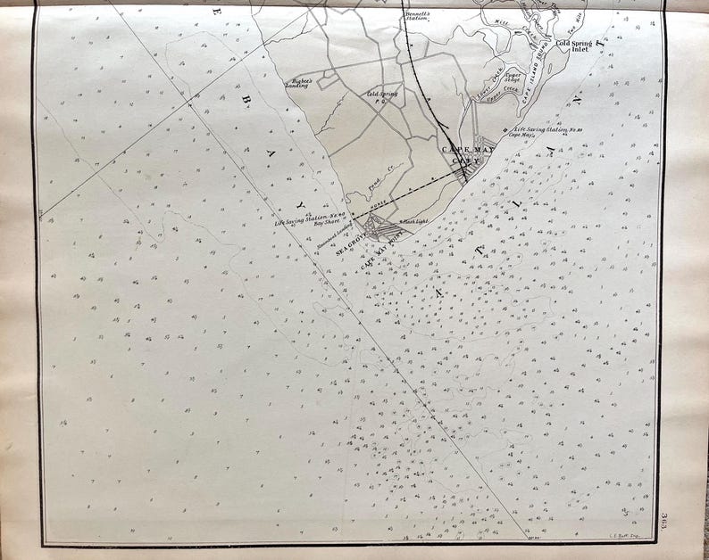 May include: Vintage nautical chart of Cape May, New Jersey, featuring detailed coastlines, water depths, and navigational markers. The map is printed in black ink on aged paper, with the title "Cape May" visible. The chart includes place names and grid lines.