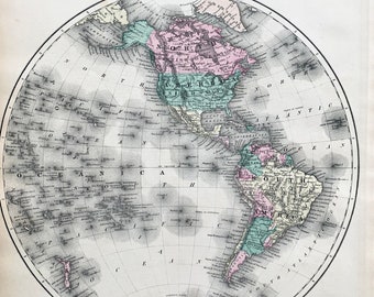 Western Hemisphere Map, Original 1876 Grays Atlas Map, Hand Colored map, Pacific Ocean, Atlantic Ocean
