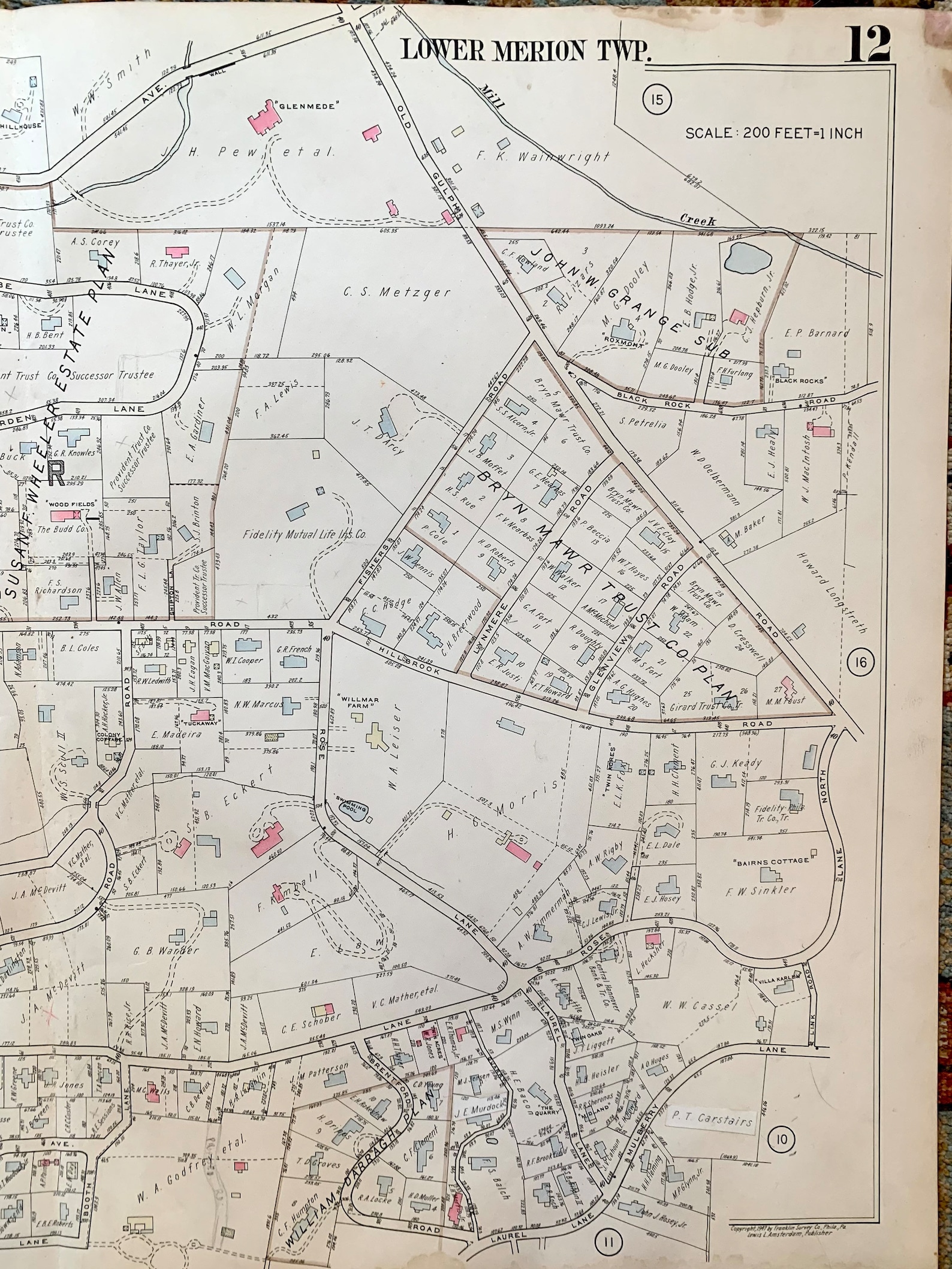 Bryn Mawr Map, Original 1947 Main Line Atlas, Lower Merion Township ...