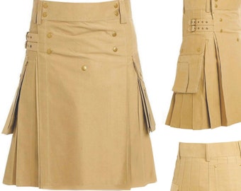 LUMINOUS COTTON KILT-Famous Khaki Shade-Cargo Pockets-Double Fabric Strap-Stud Fashion