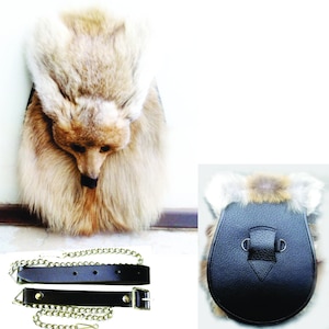 MASK HEAD FOX Sporran: Handmade Mask Head-Real Leather Body-Genuine Fox Fur-including Chain Strap