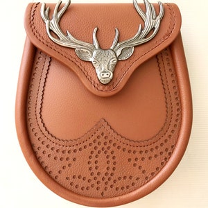 TAN LEATHER SPORRAN With Stag Emblem: Real Leather-Large Pouch-Chain Belt Strap Included