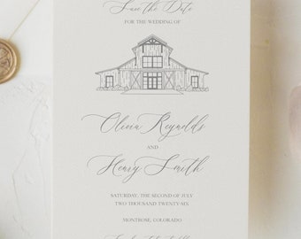 Custom Venue Illustration Save the Date Cards, Modern Saves the Dates, Venue Save the Date Cards, Printed Save the Date Card Elegant Classic