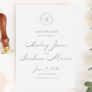 Save the Date con monogramma stemma, moderno Save the Date, eleganti biglietti Save the Date, biglietti Save the Date stampati, classici eleganti senza tempo