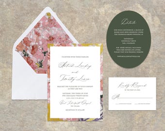Puede incluir: Conjunto de invitaciones de boda con un sobre forrado con motivos florales, una tarjeta de invitación con nombres y detalles del evento, una tarjeta de detalles y una tarjeta de respuesta. La invitación incluye los nombres Astrid Landry y Timothy Leage.