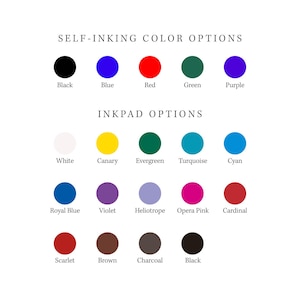 May include: A white background displays color options for self-inking stamps and inkpads. The top row shows self-inking colors: black, blue, red, green, and purple. The bottom rows display inkpad options in various colors.