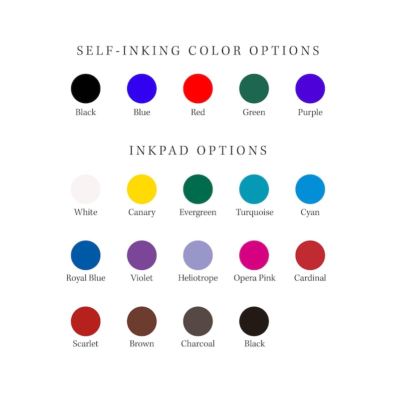 May include: A white background displays color options for self-inking stamps and inkpads. The top row shows self-inking colors: black, blue, red, green, and purple. The bottom rows display inkpad options in various colors.