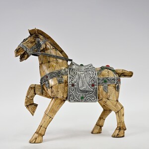 Vintage Chinese Bone Horse Sculpture: Gemstone Inlaid Saddle, Tessellated Design
