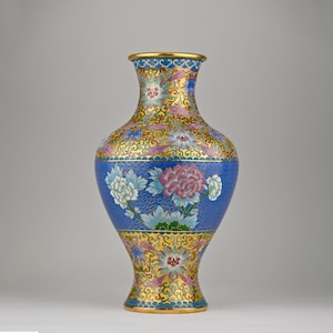 Beautiful Chinese Cloisonné Vase | Blue & Gold Floral Enamel | Vintage Handcrafted Home Decor