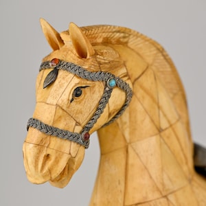 Handcrafted Bone Horse Sculpture: Semi-Precious Stone Saddle, Collectible Decor