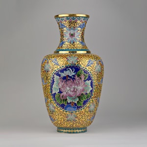 Beautiful Cloisonné Vase | Gold & Blue Enamel with Floral Medallion | Elegant Vintage Home Decor