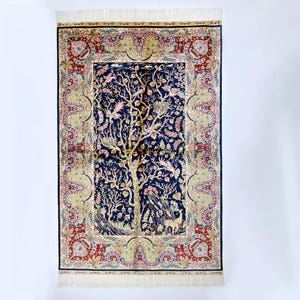 Art Silk Tree of Life Rug – Handcrafted Antique-Style Chinese Carpet | Fine Art Silk Area Rug | Oriental Home Decor