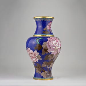 Vintage Chinese Cloisonné Vase | 15” Handcrafted Floral Enamel Art | Rare Royal Blue Collector’s Display Piece